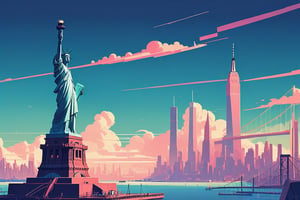 (by James Gilleard, (Laurie Greasley:1.05):1.15), new york city, train, bridge, statue of liberty, clouds, skyscapers, cyberpunk city, dynamic angle, (side view:1.2), retro artstyle, award-winning, minimalist, simple, wide landscape, high contrast, highly detailed, intricate,