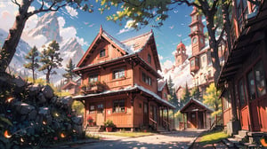 (Masterpiece, ultra detailed, hyper quality, best result) beautiful middle size Rancho in village in a beautiful mountains, giant rockks-mountains around, beautiful sunny, many trees, birds,High detailed ,firefliesfireflies