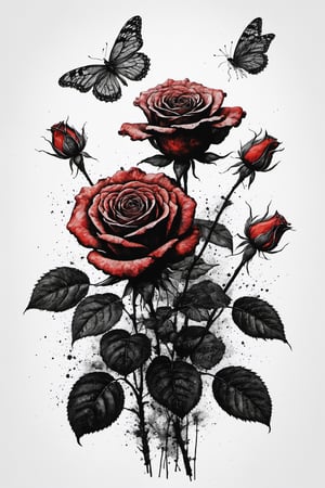 Vintage tshirt print design (on a white background:1.2), Retro Silhouette drawing of a bouquet of rose flowers from the front, with colors ink pop art blackground, delicate, filigram, centered, intricate details, high resolution, 4k, illustration style, Leonardo Style

