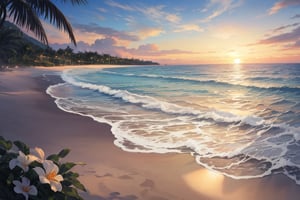 sunset, beach, gentle waves, sparkling water, sand, two flowers in the sand 