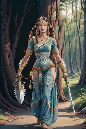 a woman indian  wearing divine  indian  clothes, she walks in the forest , she holds her sword in her right hand and her shield in the other hand ,Indian dress,CONCEPT_Djinn_Indian_persion_ownwaifu