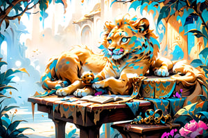 In the style of digital illustration, envision a lioness man peacefully napping with his head resting on a table, inspired by the whimsical and surreal world of Salvador Dali, where reality intertwines with dreams, featuring vibrant colors and surreal elements to add a touch of magic to the scene.

300 DPI, HD, 8K, Best Perspective, Best Lighting, Best Composition, Good Posture, High Resolution, High Quality, 4K Render, Highly Denoised, Clear distinction between object and body parts, Masterpiece, Beautiful face, 
Beautiful body, smooth skin, glistening skin, highly detailed background, highly detailed clothes, 
highly detailed face, beautiful eyes, beautiful lips, cute, beautiful scenery, gorgeous, beautiful clothes, best lighting, cinematic , great colors, great lighting, masterpiece, Good body posture, proper posture, correct hands, 
correct fingers, right number of fingers, clear image, face expression should be good, clear face expression, correct face , correct face expression, better hand position, realistic hand position, realistic leg position, no leg deformed, 
perfect posture of legs, beautiful legs, perfectly shaped leg, leg position is perfect,
,2d game scene