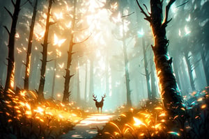 style of Anato Finnstark, a beautiful landscape of a deer, outdoor, thematic background, neon, glow, fluttering symbols, | depth of field, bokeh, | smooth detailed shadows, hyperealistic shadows, (saturated color) | ,(unreal engine, pixar style), (3d model)