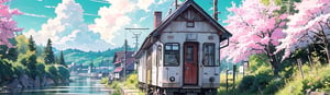 Beautiful pastel background wallpaper, blue sky, clouds, sunshine, ocean, beach, train, railroad crossing, old train station, detailed trees, cherry blossoms, detailed background, 8k, details, ultra realistic, pastelbg, clear water, water way, 