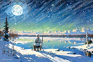 (Best quality, ultra detailed, masterpiece), (isac levitan:1.3), (from behind, 1girl, ponytail, white hair), (winter outfit, intricate design), (sitting, holding fishing rod), (winter theme), (night, stars, moon, cloud, snow, fish, lake, aurora:1.5, scenery, water reflection, outside)
