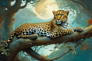 Detailed illustration of a regal leopard laying on a branch, very highly detailed, intricate, magnificent, fantasy art by Android Jones, Gil Elvgren, Carne Griffiths, Victo Ngai, Amanda Clark; Silver moonscape, fantasy concept art, 8k resolution, hyperdetailed matte painting