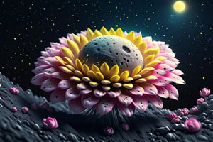 close up angal ((on the flower )) , (( yellow pink black dust) , detailed focus, deep bokeh, beautiful, dreamy colors, black dark cosmic background. Visually delightful ,3D,more detail XL , ,more detail XL,moonster