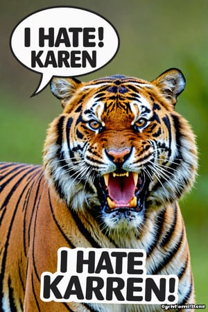 Photo of angry tiger with text bubble that says "I hate Karen", 