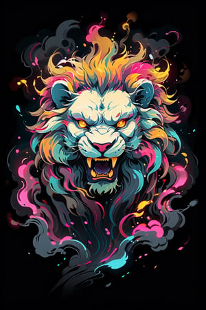 stamp vector for t-shirt, white lion character, strong lines, lit neon palette, neo-traditional, badass, hipster, graffiti, underground, badass, noir