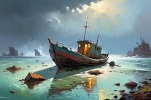 Impressionist painting a painting of a boat in a body of water,stefan koidl inspired,by Jesper Ejsing,by Ismail Inceoglu,dramatic artwork,bussiere rutkowski andreas rocha,inspired by Ismail Inceoglu,a ship lost in a storm,by Aleksander Gine,by William Bonnar,beautiful artwork,silvain sarrailh,,, (((masterpiece))),(((best quality))),((ultra-detailed)) . Loose brushwork, vibrant color, light and shadow play, captures feeling over form
,greg rutkowski,