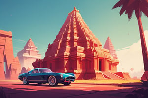 (by James Gilleard, (Andreas Rocha:1.15):1.05), cat, exotic car, Great Living Chola Temples, dynamic angle, (side view:1.2), retro artstyle, award-winning, minimalist, simple, wide landscape, high contrast, highly detailed, intricate,