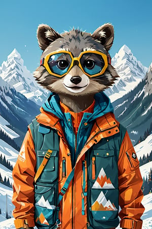 Ilustration,carton pollar Raccoon head, with ski goggles in which mountains are reflected,wearing a mountain jacket, withoud Raccoon eye,Mario Real - SDXL 1.0,more detail XL