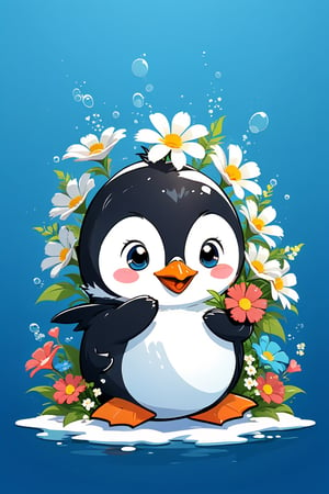 cartoon flat, cute penguin playing with flowers, high detail cartoon vector illustration, cartoon character design, simple, minimalist, cute, funny, chibi, kawaii, isolated on transparent background, digital rendering,Flat vector art,Vector illustration,Illustration