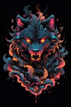 stamp vector for t-shirt, Wolf character, strong lines, lit neon palette, neo-traditional, badass, hipster, graffiti, underground, badass, noir