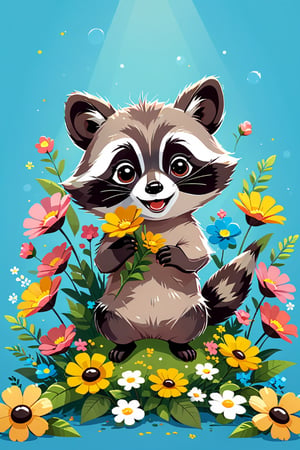 cartoon flat, cute raccoon playing with flowers, high detail cartoon vector illustration, cartoon character design, simple, minimalist, cute, funny, chibi, kawaii, isolated on transparent background, digital rendering,Flat vector art,Vector illustration,Illustration