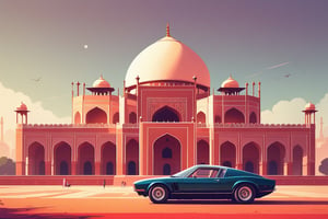 (by James Gilleard, (Andreas Rocha:1.15):1.05), cat, exotic car, Humayun’s Tomb, (side view:1.2), retro artstyle, award-winning, minimalist, simple, wide landscape, high contrast, highly detailed, intricate,