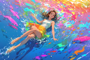 (masterpiece, best quality:1.4), (flat color:1.3), (colorful:1.35), looking at viewer, 1girl, (((solo))), floating in colorful water, (2D:1.25), perfect lighting, perfect shading, (realistic:1.2), (mature adult:1.35), dynamic pose, (detailed, intricate), beautiful, gorgeous stunning, cinematic, epic, (perfect body, perfect legs), (Photorealistic:1.5), (mature adult:1.4), centered, (sketch, illustration),niji style