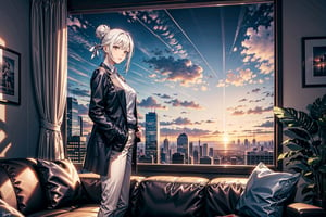 1girl, solo, looking at viewer, pale skin, white hair, straight hair, high bun, loose plain short black office jacket, white shirt, white formal pants, white shoes, night sky, sunset, interior, living room, scenery, highres, high quality, highly detailed