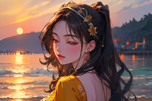 {{best quality}}, {{masterpiece}}, {{ultra-detailed}}, {illustration}, {detailed light}, {an extremely delicate and beautiful},A twenty-year-old woman novel writer, Light yellow dress, seaside, sunset,Looking back sideways,focus on face,Close eyes, happy_valentine,photorealistic,girl