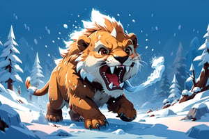 cartoon flat, cute Saber-toothed predator playing with snow, high detail cartoon vector illustration, cartoon character design, simple, minimalist, cute, funny, chibi, kawaii, isolated on transparent background, digital rendering,Flat vector art,Vector illustration,Illustration