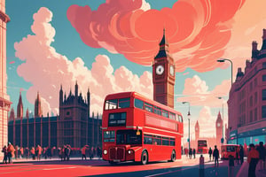 (by James Gilleard, (Laurie Greasley:1.05):1.15), red double decker bus, london big ben, clouds, busy streets filled with people, shining golden hour, cyberpunk city, dynamic angle, (side view:1.2), retro artstyle, award-winning, minimalist, simple, wide landscape, high contrast, highly detailed, intricate,