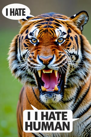 Photo of angry tiger with text bubble that says "I hate Human", 