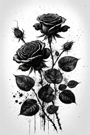 Vintage tshirt print design (on a white background:1.2), Retro Silhouette drawing of a bouquet of black rose flowers from the front, with colors ink pop art blackground, delicate, filigram, centered, intricate details, high resolution, 4k, illustration style, Leonardo Style

