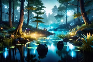 Enchanted Forest Clearing - Whimsical night, bioluminescent plants and creatures, a glowing pond in the center with ethereal mist, fireflies creating light trails, high fantasy, ultra-realistic textures, ray tracing illumination, ambient occlusion, depth of field, wide angle lens perspective