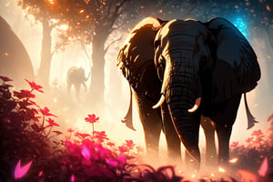 style of Anato Finnstark, a beautiful landscape of a elephant, outdoor, thematic background, neon, glow, fluttering symbols, | depth of field, bokeh, | smooth detailed shadows, hyperealistic shadows, (saturated color) | ,(unreal engine, pixar style), (3d model)