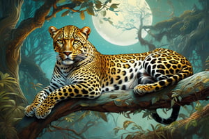 Detailed illustration of a regal leopard laying on a branch, very highly detailed, intricate, magnificent, fantasy art by Android Jones, Gil Elvgren, Carne Griffiths, Victo Ngai, Amanda Clark; Silver moonscape, fantasy concept art, 8k resolution, hyperdetailed matte painting