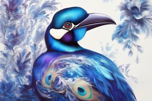 ,purple leaf art,makie,blue ink art,beautifully intricate Toucan delicately drawn with a brush, using only sumi ink,Envision the graceful strokes capturing the elegance of the peacock's feathers, with the rich blue ink bringing out the fine details, Emphasize the beauty and delicacy of the peacock’s features, utilizing the simplicity of sumi ink to convey the essence of this majestic bird,creating a visually stunning representation of a dancing peacock expressed solely through the artistry of blue ink on paper,lineart,LineAniAF,oil paint,Flora,Obsidian_Gold