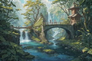 waterfall, rainforest, wooden walkway, lake(best quality,Masterpiece,EpicArt,xjrex,(best quality