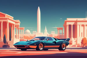(by James Gilleard, (Andreas Rocha:1.15):1.05), cat, exotic car, Capitol Complex Tourist Center, dynamic angle, (side view:1.2), retro artstyle, award-winning, minimalist, simple, wide landscape, high contrast, highly detailed, intricate,