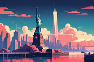 (by James Gilleard, (Laurie Greasley:1.05):1.15), new york city, train, bridge, statue of liberty, clouds, skyscapers, cyberpunk city, dynamic angle, (side view:1.2), retro artstyle, award-winning, minimalist, simple, wide landscape, high contrast, (Minimal vector art, vector art:1.2), highly detailed, intricate,