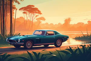 (by James Gilleard, (Andreas Rocha:1.15):1.05), cat, exotic car, Sundarban National Park (West Bengal), dynamic angle, (side view:1.2), retro artstyle, award-winning, minimalist, simple, wide landscape, high contrast, highly detailed, intricate,