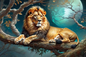 Detailed illustration of a regal lion laying on a branch, very highly detailed, intricate, magnificent, fantasy art by Android Jones, Gil Elvgren, Carne Griffiths, Victo Ngai, Amanda Clark; Silver moonscape, fantasy concept art, 8k resolution, hyperdetailed matte painting