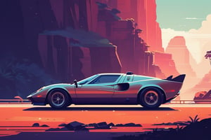 (by James Gilleard, (Andreas Rocha:1.15):1.05), cat, exotic car, Ajanta Caves, (side view:1.2), retro artstyle, award-winning, minimalist, simple, wide landscape, high contrast, highly detailed, intricate,