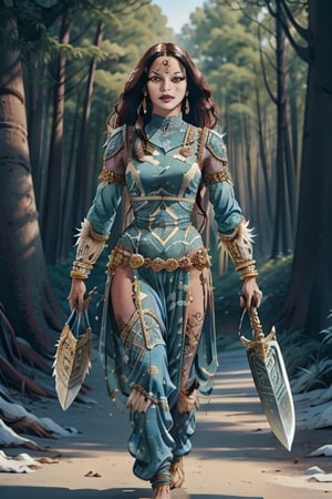 a woman indian  wearing divine  indian  clothes, she walks in the forest , she holds her sword in her right hand and her shield in the other hand ,Indian dress,CONCEPT_Djinn_Indian_persion_ownwaifu