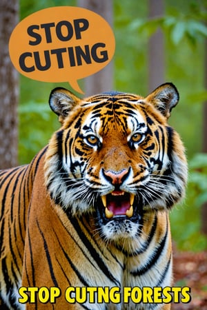 Photo of angry tiger with text bubble that says "Stop cutting down forests", 