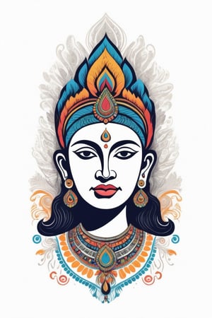 Vintage tshirt print design (on a white background:1.2), Retro Silhouette drawing of a indian devi idol from the front, with colors ink pop art blackground,delicate,filigram,centered,intricate details,high resolution,4k, illustration style,Leonardo Style