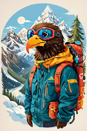 Ilustration,carton pollar eagle head, with ski goggles in which mountains are reflected,wearing a mountain jacket, withoud eagle eye,Mario Real - SDXL 1.0,more detail XL