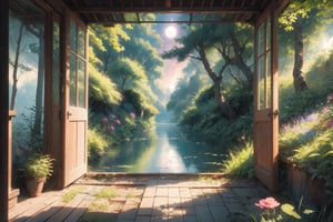 (masterpiece), best quality, watercolor, indoors, dreamy colors, LOFI, lofi artstyle, no_humans, peaceful night, portal to another world, view of a moonlit lake, nature, forest,