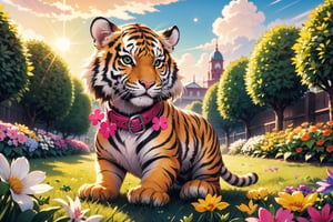 (A cute tiger) playing with a ball in a garden, surrounded by flowers. The kitten has a mischievous grin on its face and is wearing a small, colorful collar. The sun is shining brightly in the background. In the foreground, a (four-leaf clover) is visible, poking out from behind a bright pink flower.