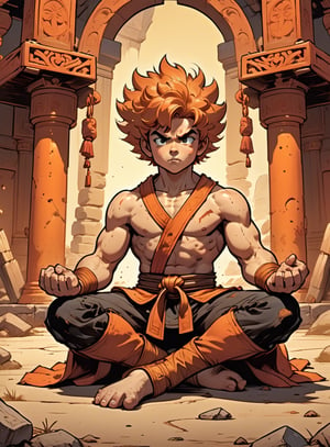 vintage comic book illustration, 1boy, a stocky fantasy martial artist meditating in a shrine, glowing battle aura, sitting with legs crossed, (eyes closed), wearing pants, (wearing a torn top), wild orange hair, (messy hair, big hair), thick eyebrows, ((curvy figure, strong, thicc)), (tan, dark skin), graphic illustration, comic art, graphic novel art, vibrant, highly detailed, ((dynamic angle, dutch angle, closeup shot)),Drawing of a little boy