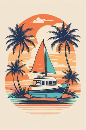 harbor, sailboats, palm trees, simple background, solo, tattoo, tshirt design 