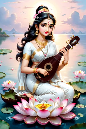 Saraswati maa holding veena on her hand and in white saree, sitting on the lotus flower in the middle of the sea and the sky is just like so classic, saraswati maa having cute eyes, jelly type pink lips, 