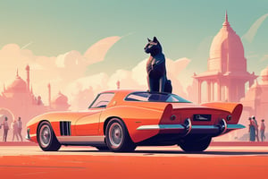 (by James Gilleard, (Andreas Rocha:1.15):1.05), cat, exotic car, Sardar Vallabhbhai Patel Statue, dynamic angle, (side view:1.2), retro artstyle, award-winning, minimalist, simple, wide landscape, high contrast, highly detailed, intricate,