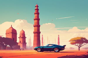 (by James Gilleard, (Andreas Rocha:1.15):1.05), cat, exotic car, qutub minar monuments, dynamic angle, (side view:1.2), retro artstyle, award-winning, minimalist, simple, wide landscape, high contrast, highly detailed, intricate,