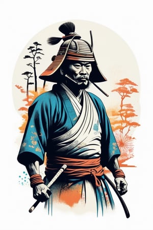 Vintage tshirt print design (on a white background:1.2), Retro Silhouette drawing of a Japanese Samurai wearing a kabuto from the front, with colors ink pop art blackground,delicate,filigram,centered,intricate details,high resolution,4k, illustration style,Leonardo Style