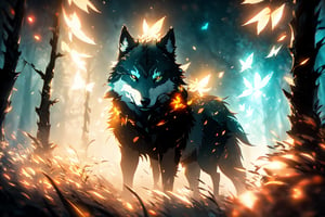style of Anato Finnstark, a beautiful landscape of a wolf, outdoor, thematic background, neon, glow, fluttering symbols, | depth of field, bokeh, | smooth detailed shadows, hyperealistic shadows, (saturated color) | ,(unreal engine, pixar style), (3d model)